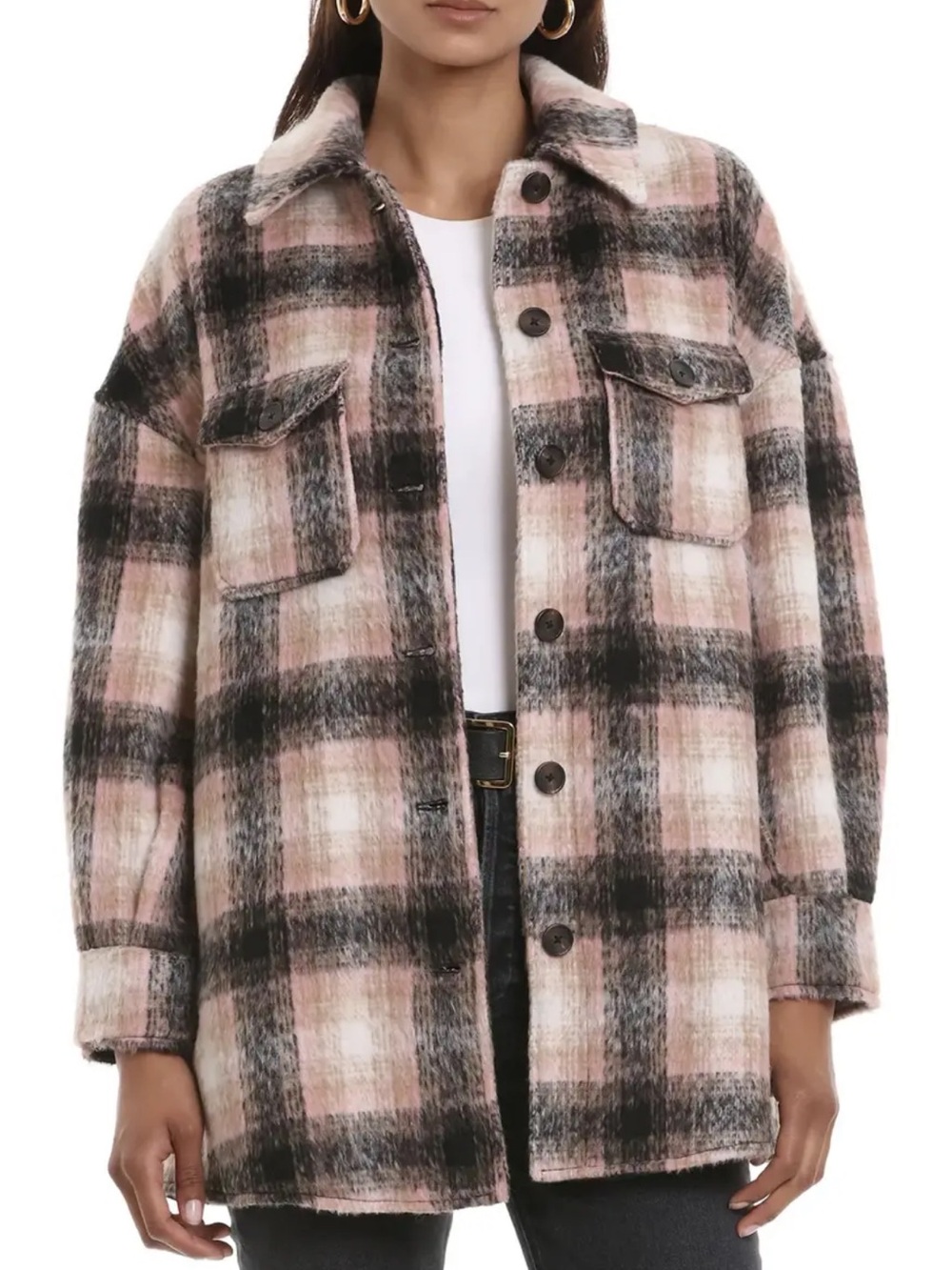 Avec les filles plaid brushed fleece oversized cozy shirt jacket Shacket sz xs